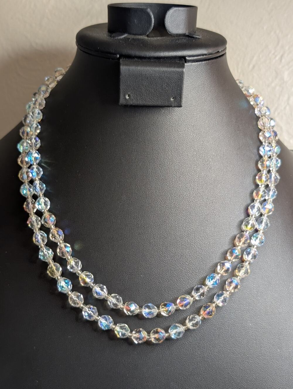 Vintage Aurora Borealis Faceted Crystal Double Strand Box Clasp 20" Necklace